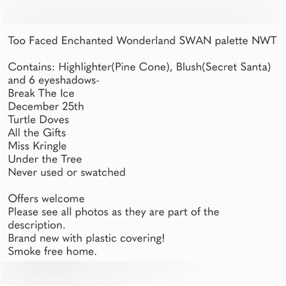 Too Faced Enchanted Wonderland SWAN palette NWT